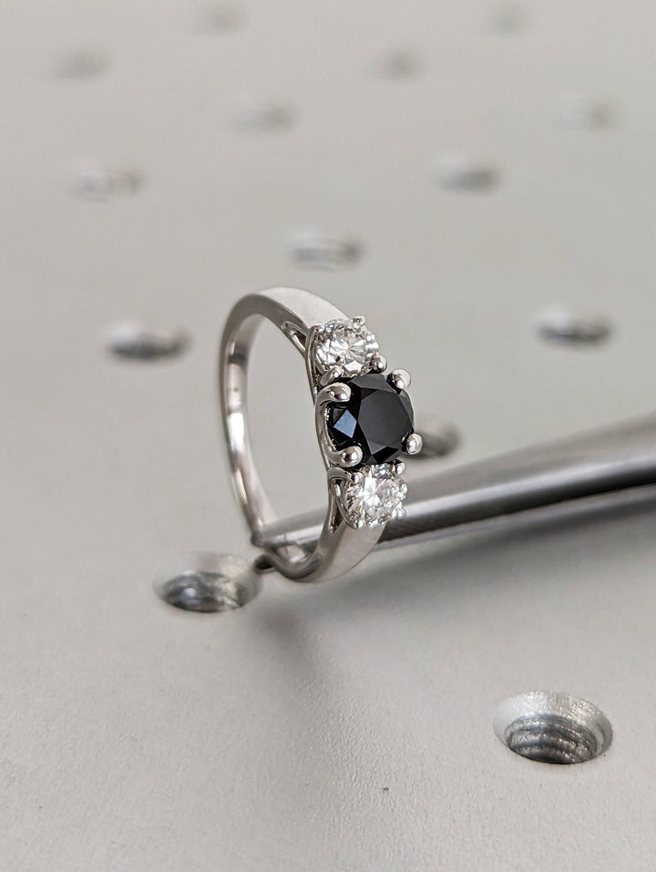 1.0CT Black Round Center Stone Lab Grown 3 Stone Diamond Engagement Ring For Her