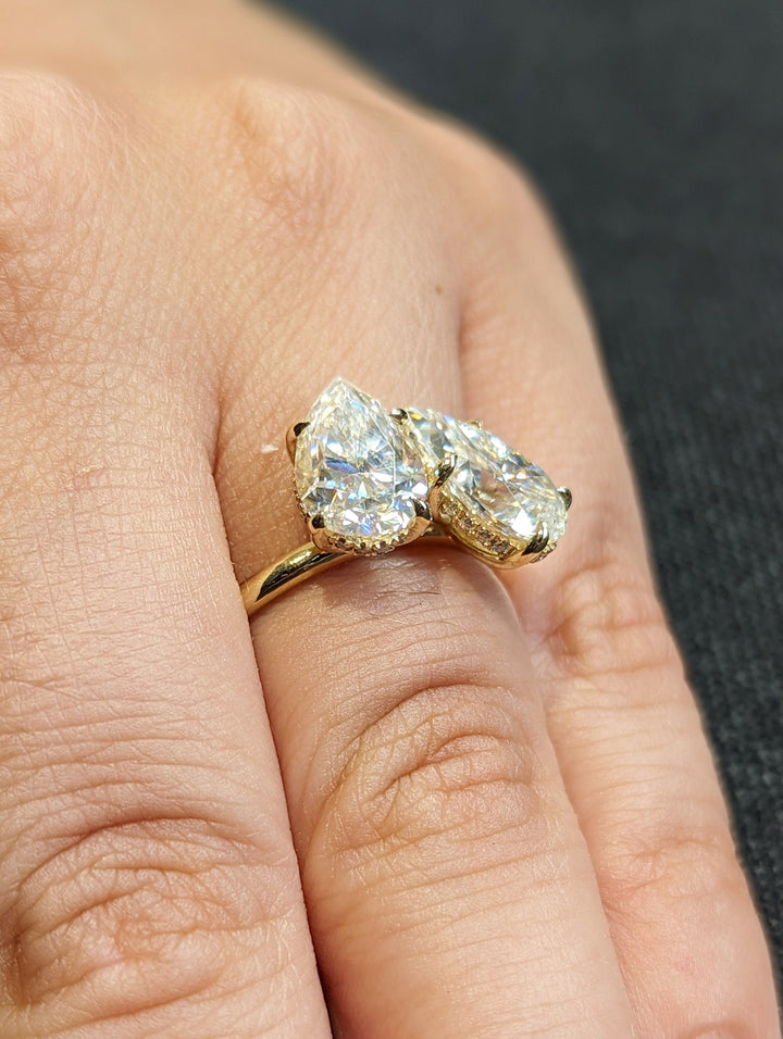 2.50CT Pear Hidden Halo Lab Grown Two Stone Diamond Engagement Ring Pretty Engagement Ring