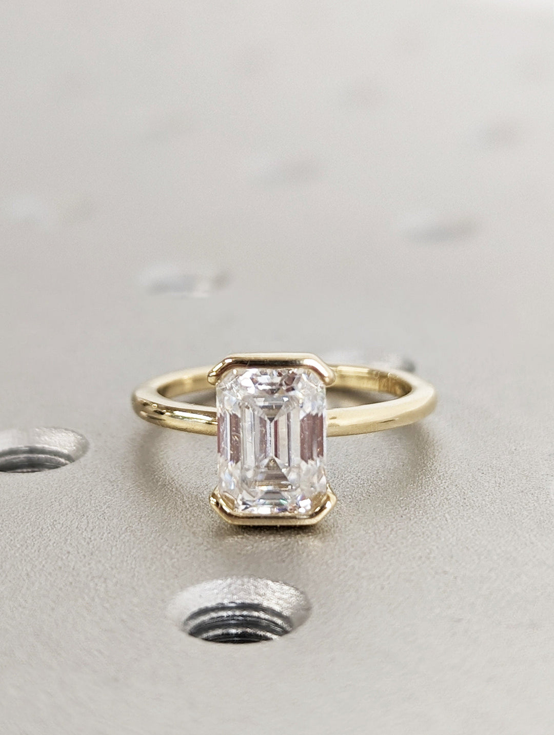 1.50CT Emerald Cut Half Bezel Set Lab Grown Diamond Engagement Ring For Women