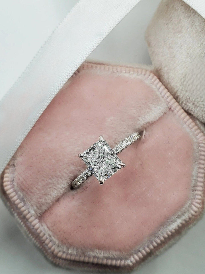 2.50CT Radiant Cut Pave Lab Grown Diamond Hidden Halo Engagement Ring