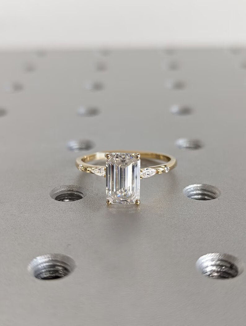 2.0CT Emerald Cut Cluster Lab Grown Diamond Engagement Ring Minimalist Ring