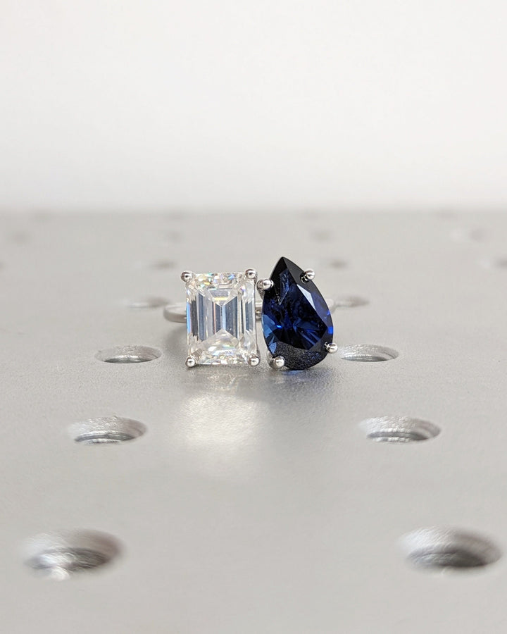 2.50CT Trellis Double Stone Engagement Ring Pear Cut Blue Sapphire & Emerald Cut Lab Diamond Two Stone Engagement Ring