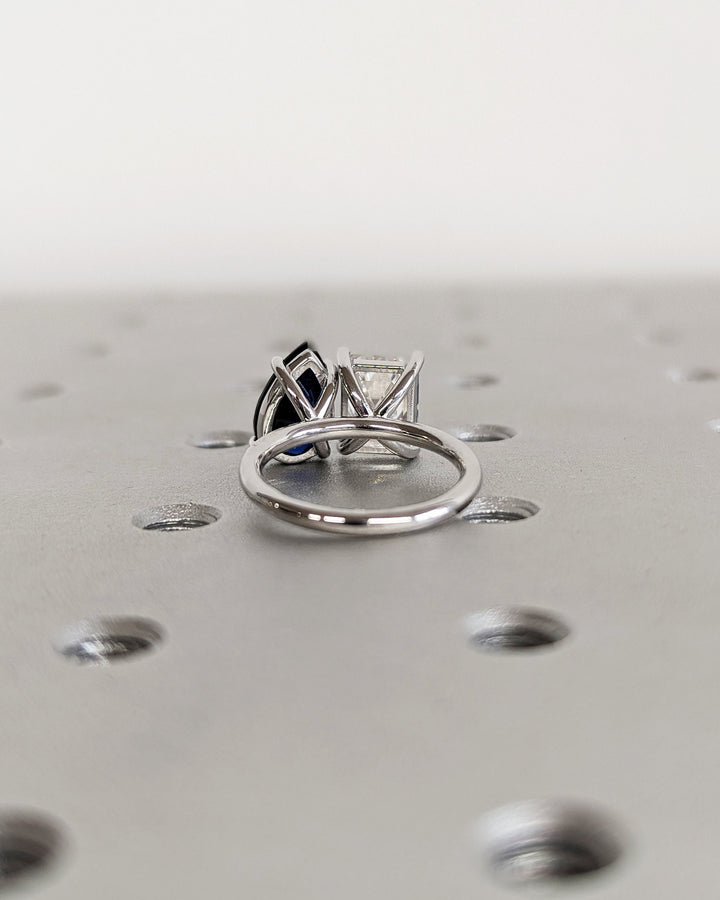 2.50CT Trellis Double Stone Engagement Ring Pear Cut Blue Sapphire & Emerald Cut Lab Diamond Two Stone Engagement Ring