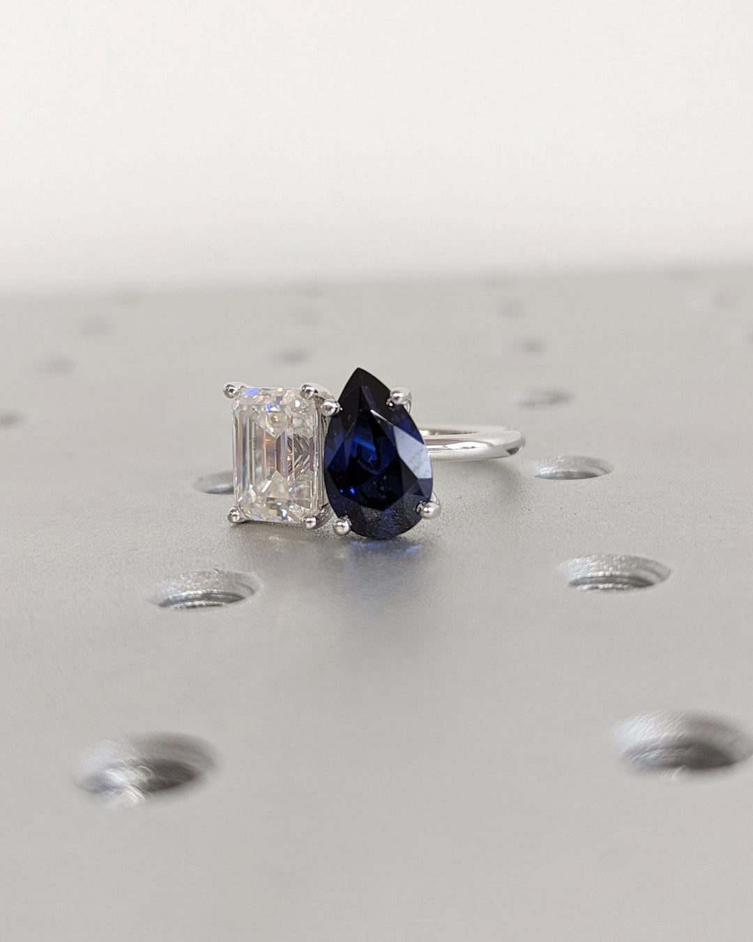 2.50CT Trellis Double Stone Engagement Ring Pear Cut Blue Sapphire & Emerald Cut Lab Diamond Two Stone Engagement Ring