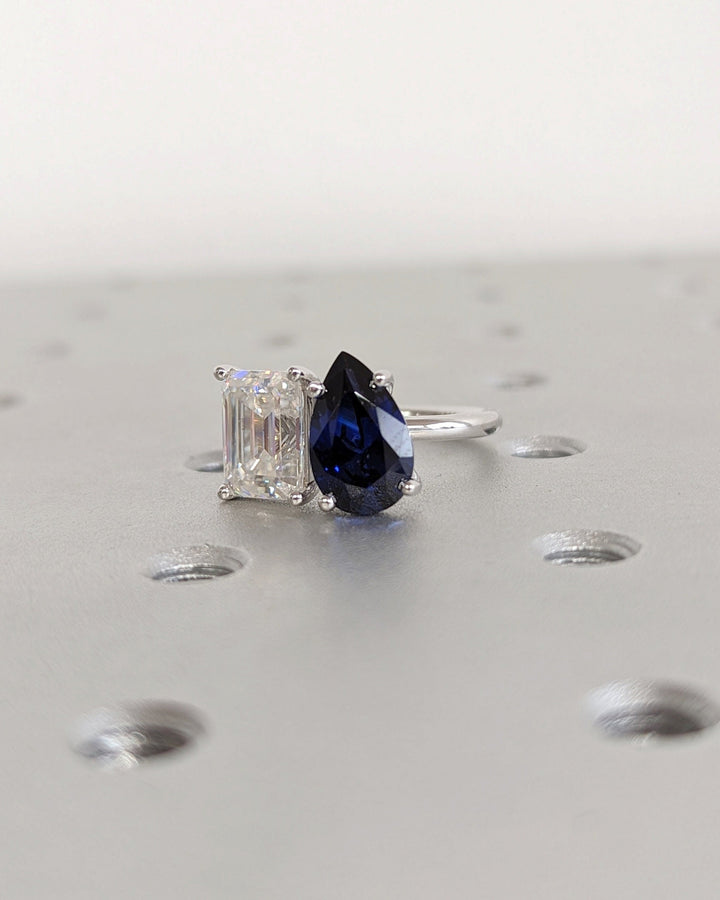 2.50CT Trellis Double Stone Engagement Ring Pear Cut Blue Sapphire & Emerald Cut Lab Diamond Two Stone Engagement Ring