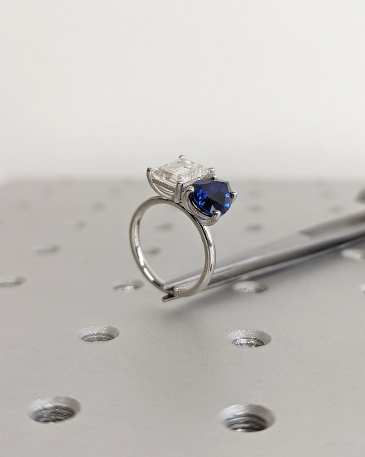 2.50CT Trellis Double Stone Engagement Ring Pear Cut Blue Sapphire & Emerald Cut Lab Diamond Two Stone Engagement Ring