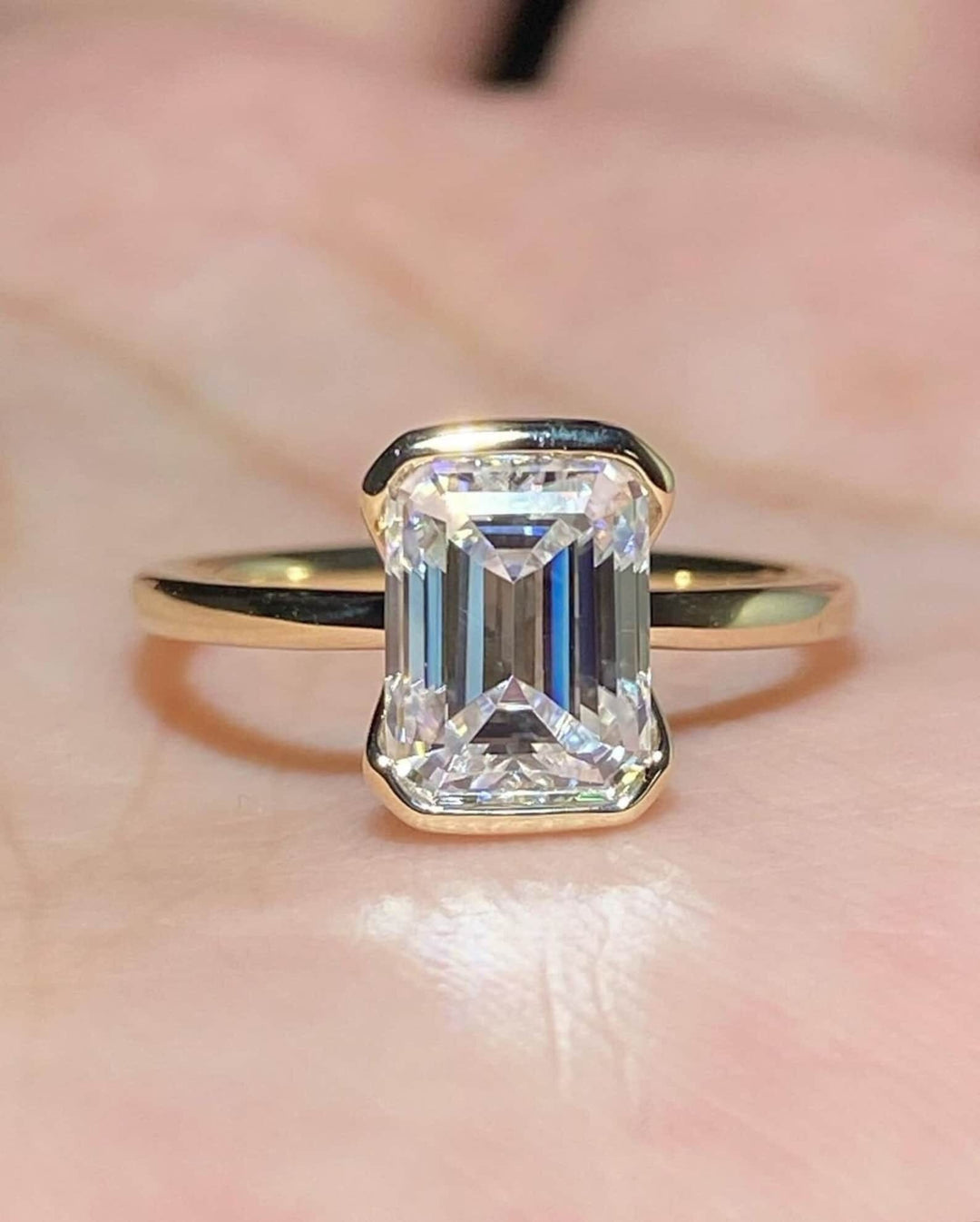 2.0CT Emerald Cut Lab Grown Diamond Half Bezel Engagement Ring For Women