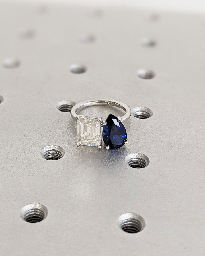 2.50CT Trellis Double Stone Engagement Ring Pear Cut Blue Sapphire & Emerald Cut Lab Diamond Two Stone Engagement Ring