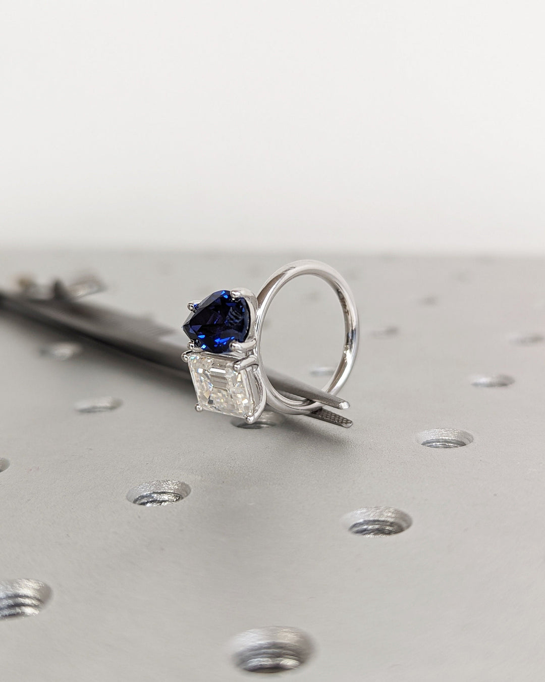 2.50CT Trellis Double Stone Engagement Ring Pear Cut Blue Sapphire & Emerald Cut Lab Diamond Two Stone Engagement Ring