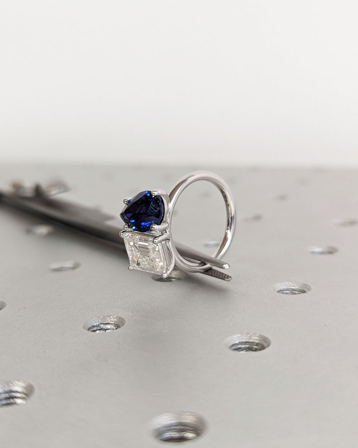 2.50CT Trellis Double Stone Engagement Ring Pear Cut Blue Sapphire & Emerald Cut Lab Diamond Two Stone Engagement Ring