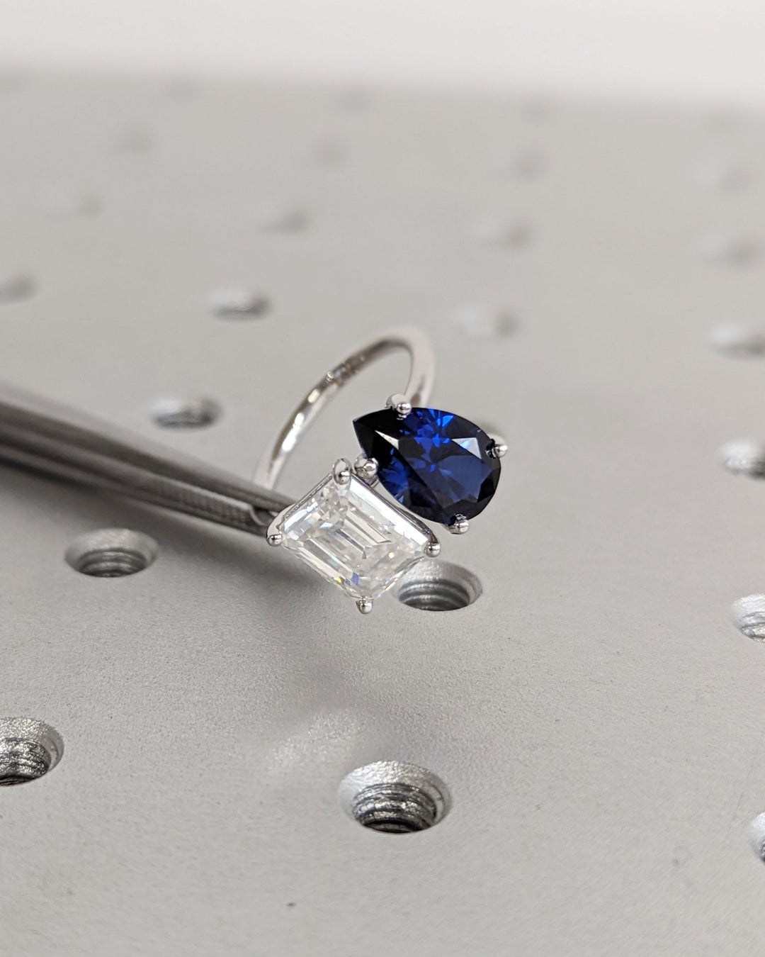 2.50CT Trellis Double Stone Engagement Ring Pear Cut Blue Sapphire & Emerald Cut Lab Diamond Two Stone Engagement Ring