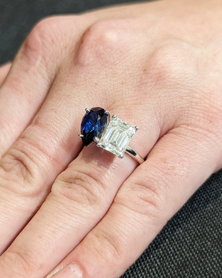 2.50CT Trellis Double Stone Engagement Ring Pear Cut Blue Sapphire & Emerald Cut Lab Diamond Two Stone Engagement Ring