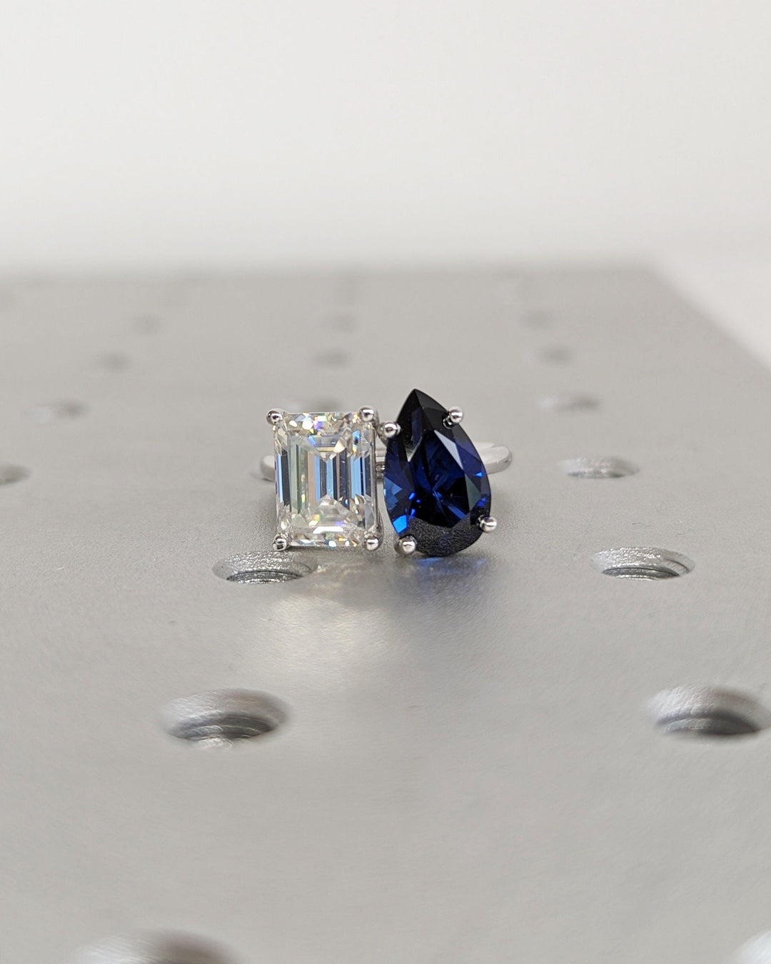 2.50CT Trellis Double Stone Engagement Ring Pear Cut Blue Sapphire & Emerald Cut Lab Diamond Two Stone Engagement Ring