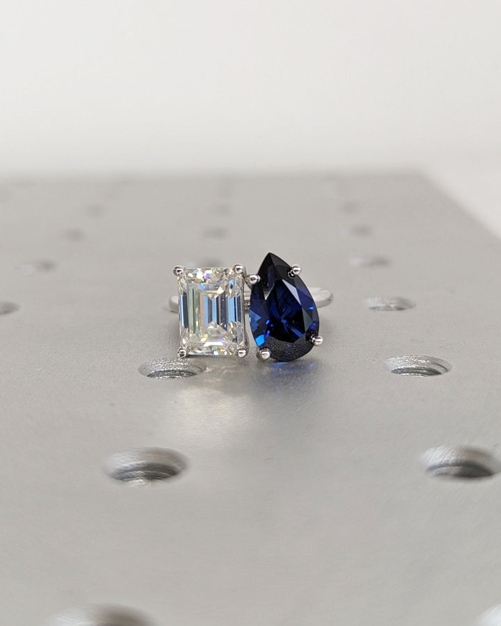 2.50CT Trellis Double Stone Engagement Ring Pear Cut Blue Sapphire & Emerald Cut Lab Diamond Two Stone Engagement Ring