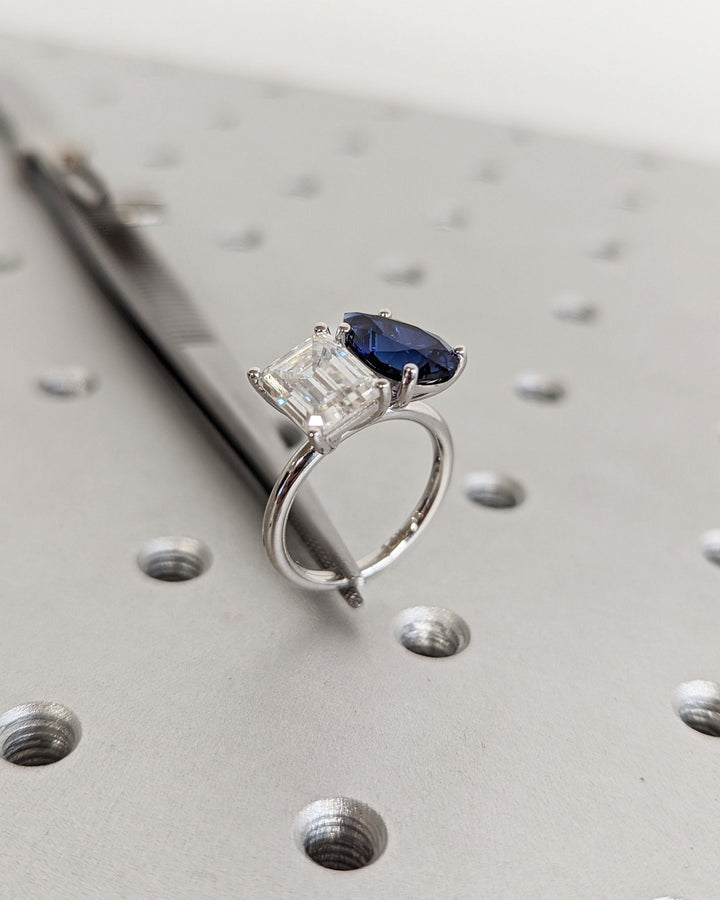 2.50CT Trellis Double Stone Engagement Ring Pear Cut Blue Sapphire & Emerald Cut Lab Diamond Two Stone Engagement Ring