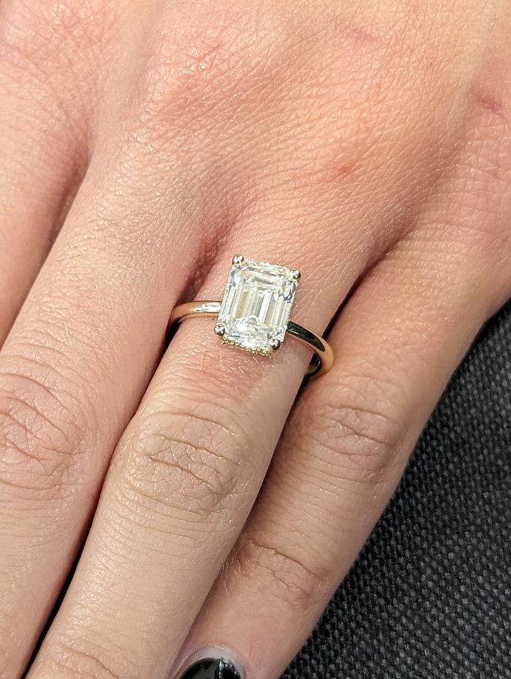 2.50CT Emerald Cut Hidden Halo Lab Grown Diamond Engagement Ring Minimalist Engagement Ring