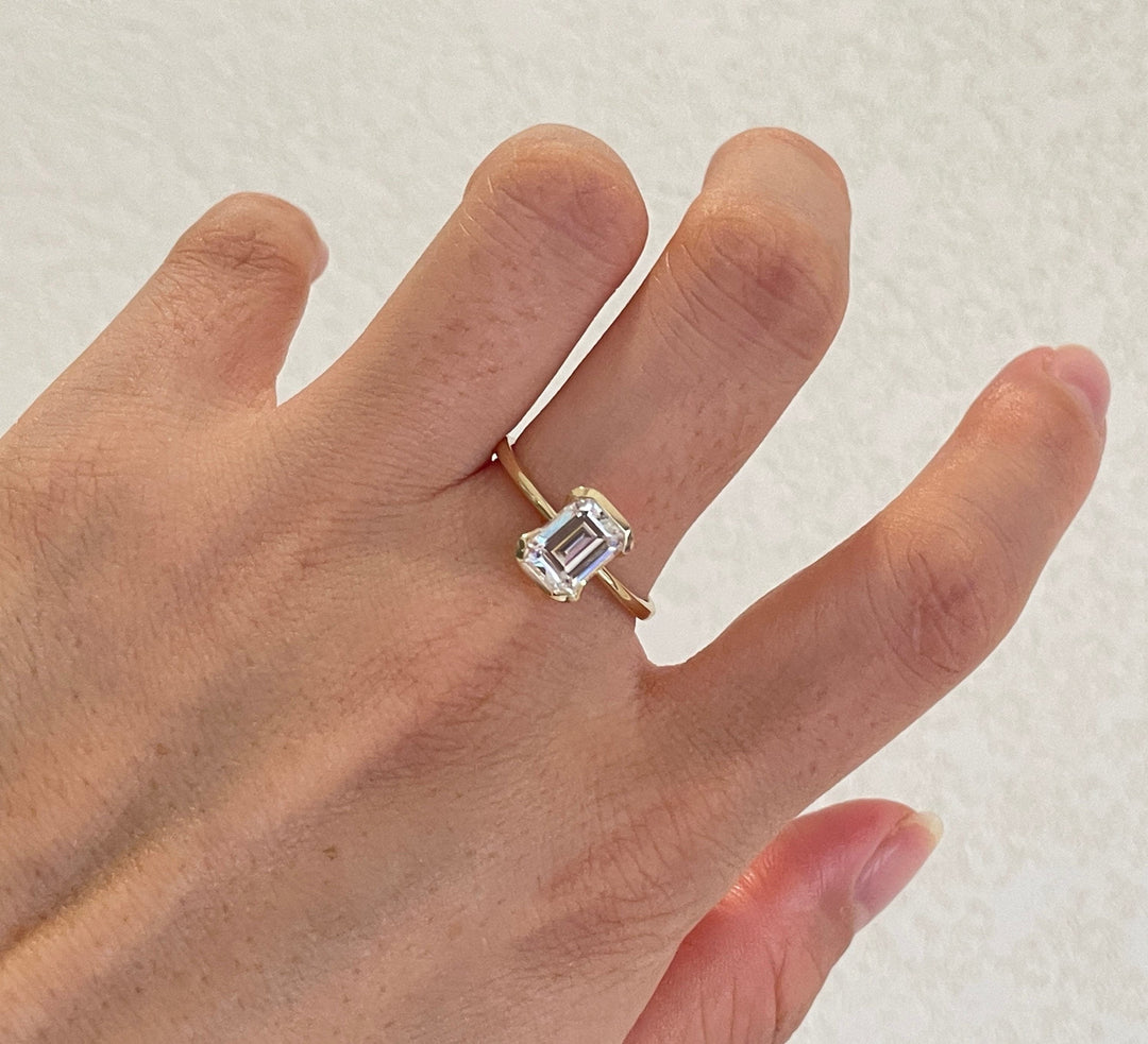 2.0CT Emerald Cut Lab Grown Diamond Half Bezel Engagement Ring For Women