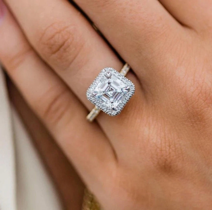 2.0CT Asscher Cut Pave Lab Grown Diamond Halo Engagement Ring For Women