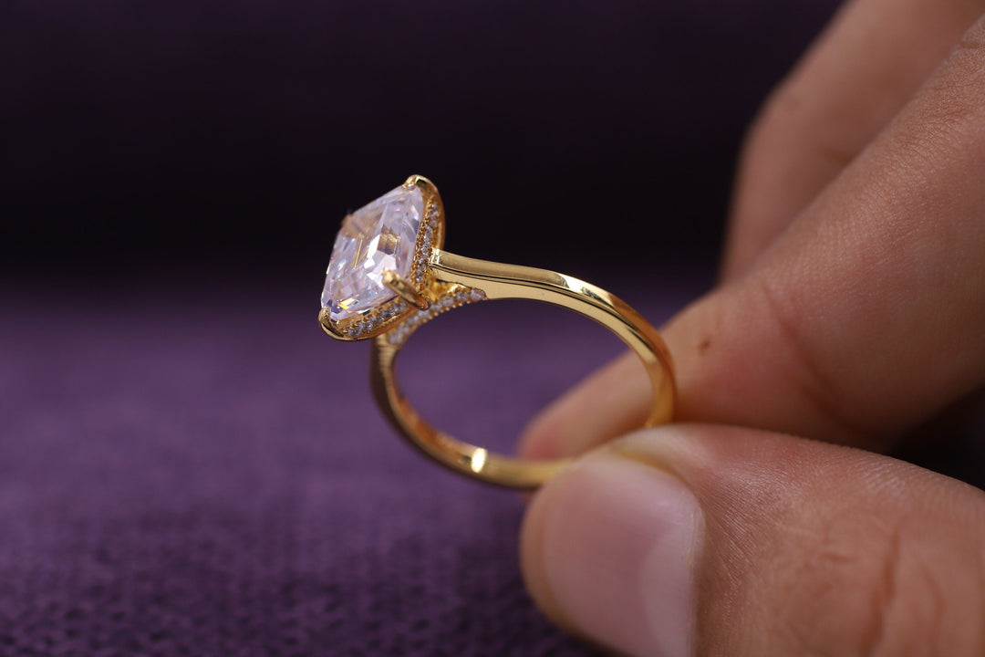 2.50CT Emerald Cut Hidden Halo Lab Grown Diamond Engagement Ring For Her