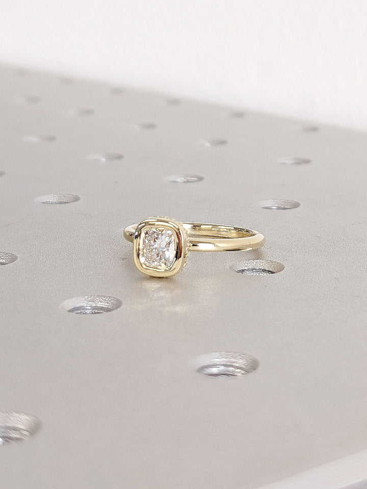 0.50CT Cushion Cut Unique Bezel Set Hidden Halo Lab Grown Diamond Engagement Ring