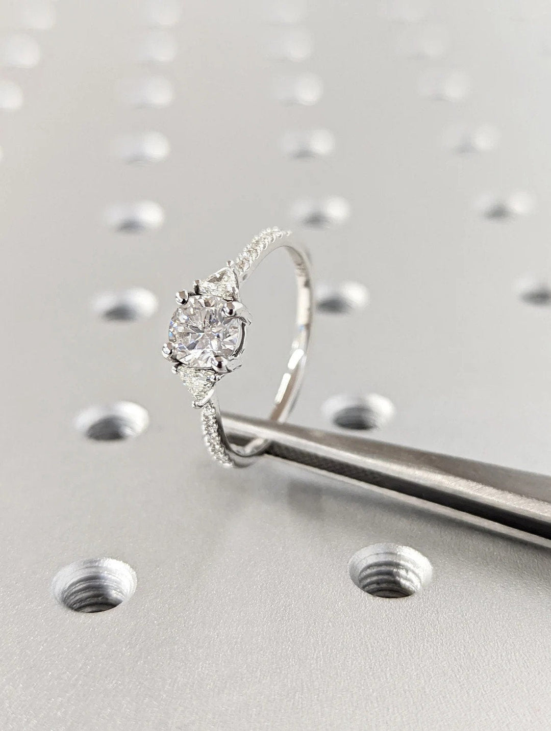 1.0CT Round Cut Unique 3 Stone Pave Lab Grown Diamond Engagement Ring For Her