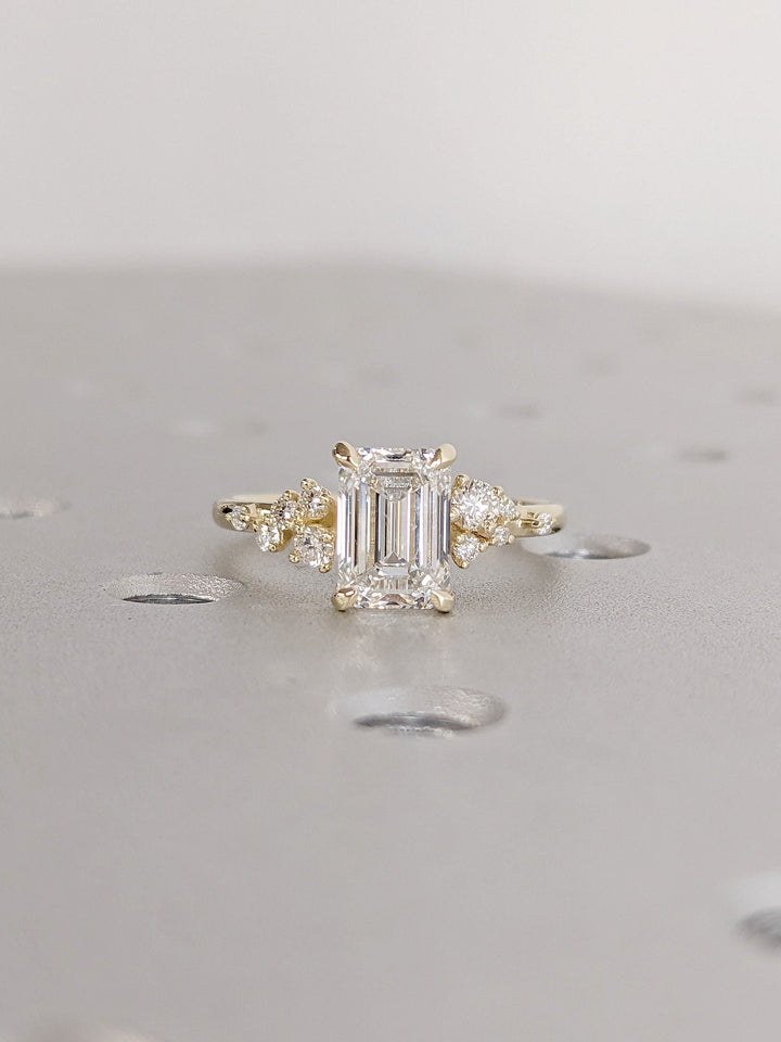 1.50CT Emerald Cut Cluster Lab Grown Diamond Engagement Ring For Women