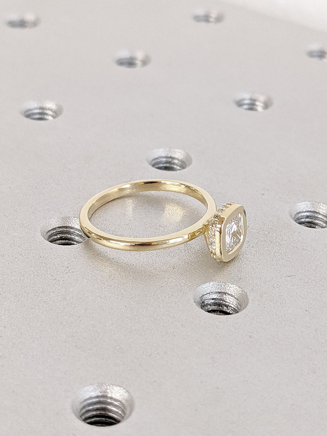 0.50CT Cushion Cut Unique Bezel Set Hidden Halo Lab Grown Diamond Engagement Ring