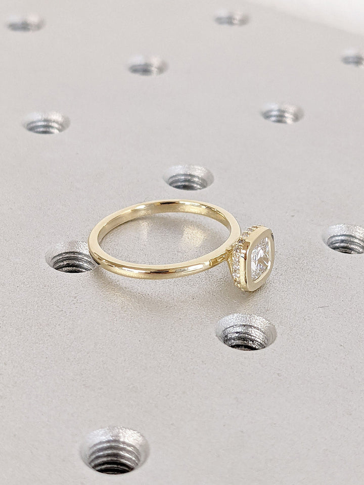 0.50CT Cushion Cut Unique Bezel Set Hidden Halo Lab Grown Diamond Engagement Ring