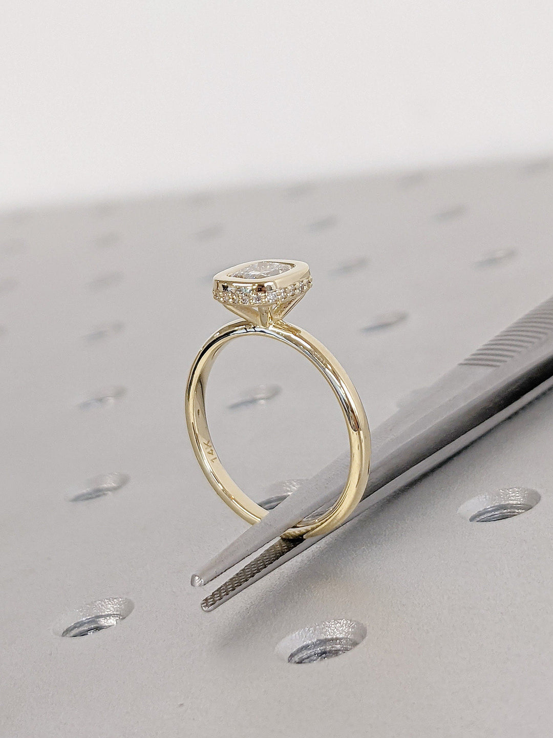 0.50CT Cushion Cut Unique Bezel Set Hidden Halo Lab Grown Diamond Engagement Ring