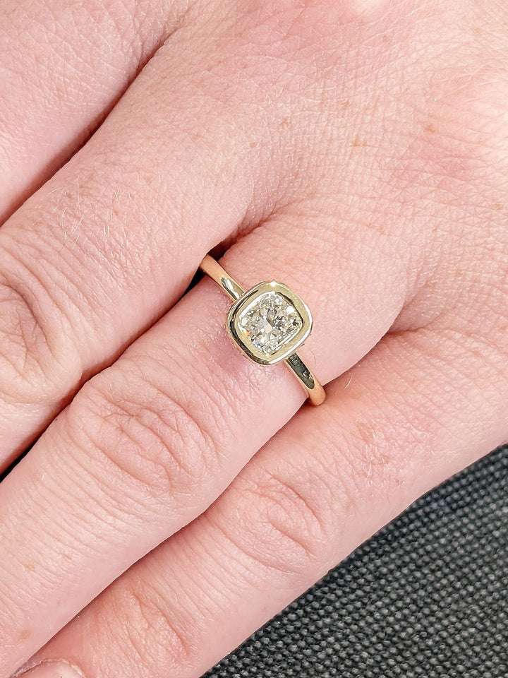 0.50CT Cushion Cut Unique Bezel Set Hidden Halo Lab Grown Diamond Engagement Ring