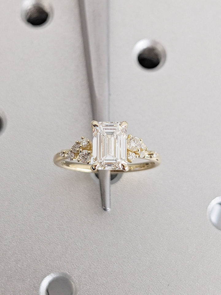 1.50CT Emerald Cut Cluster Lab Grown Diamond Engagement Ring For Women