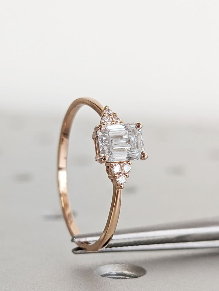 1.0CT Emerald Cut Cluster Lab Grown Diamond Engagement Ring For Women
