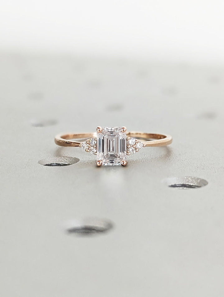 1.0CT Emerald Cut Cluster Lab Grown Diamond Engagement Ring For Women