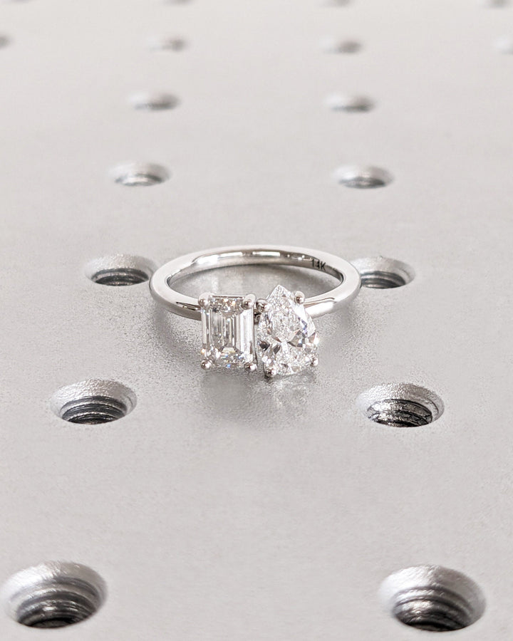 1.0CT Double Stone Engagement Ring Pear Cut and Emerald Cut Lab Grown Diamond Two Stone Wedding Ring