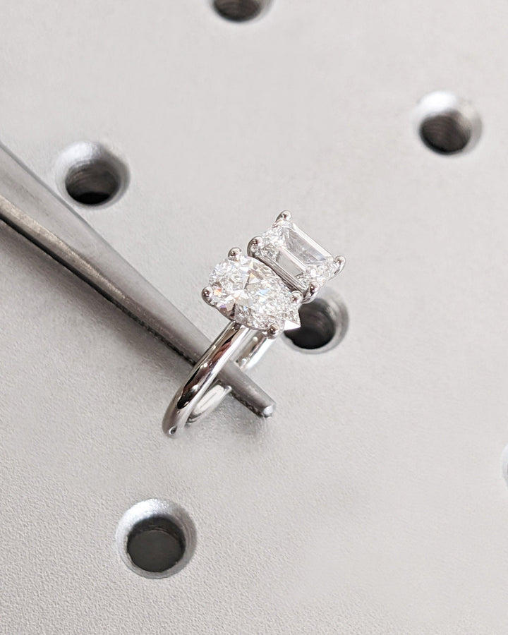 1.0CT Double Stone Engagement Ring Pear Cut and Emerald Cut Lab Grown Diamond Two Stone Wedding Ring