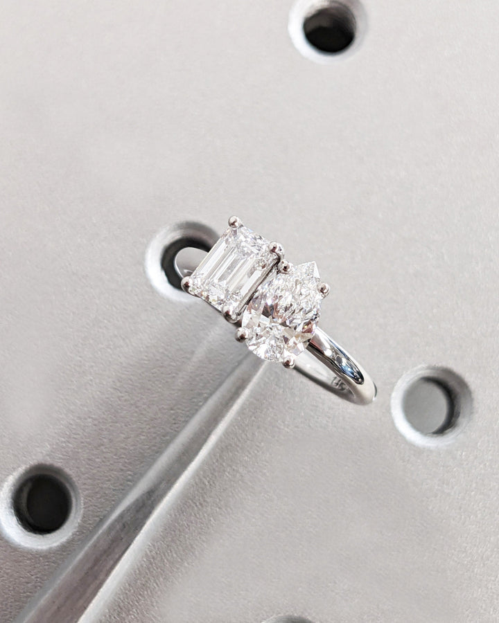 1.0CT Double Stone Engagement Ring Pear Cut and Emerald Cut Lab Grown Diamond Two Stone Wedding Ring