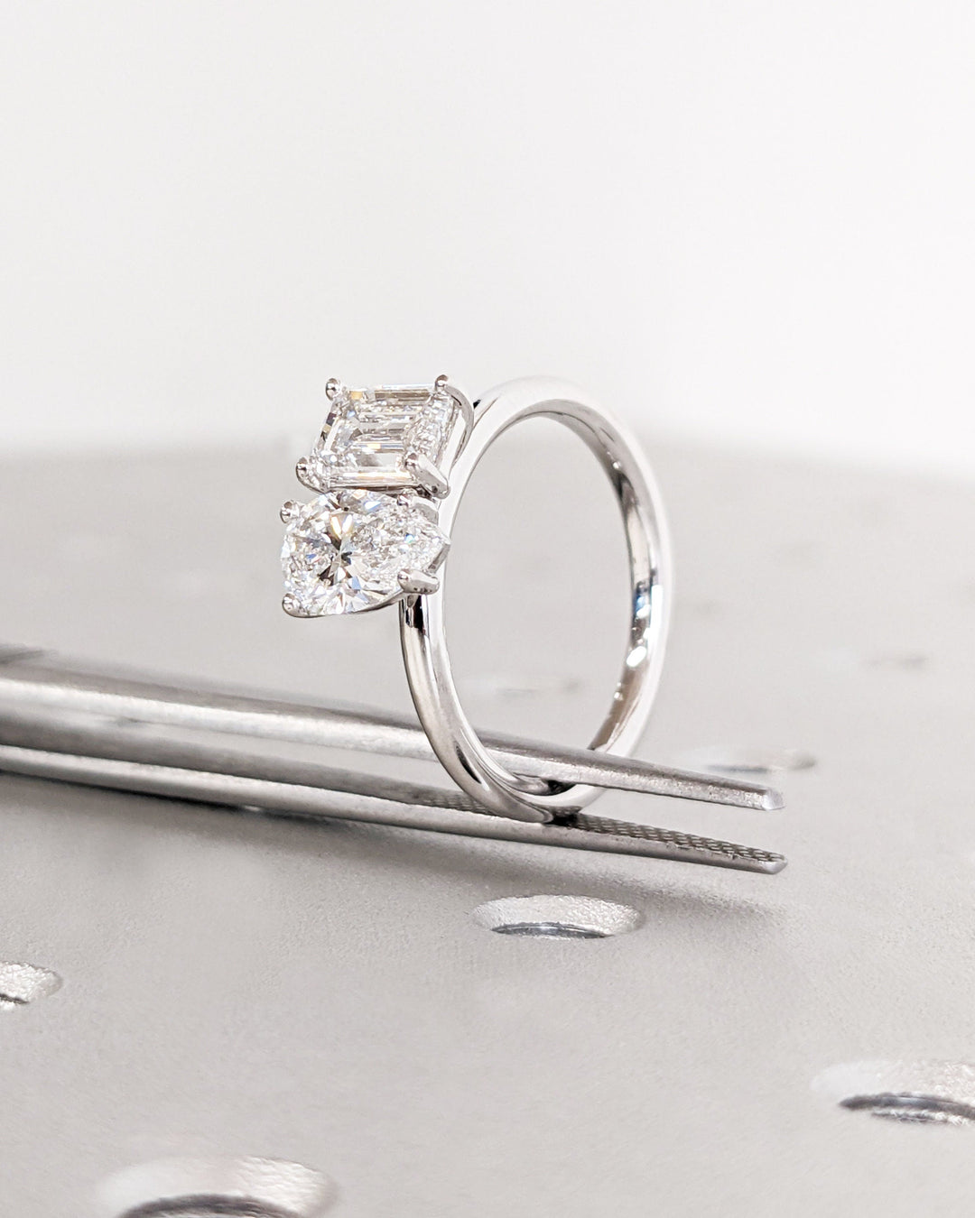 1.0CT Double Stone Engagement Ring Pear Cut and Emerald Cut Lab Grown Diamond Two Stone Wedding Ring