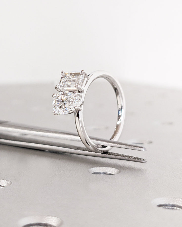 1.0CT Double Stone Engagement Ring Pear Cut and Emerald Cut Lab Grown Diamond Two Stone Wedding Ring
