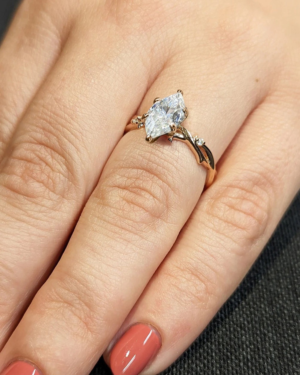 1.0CT Marquise Cut Twig Lab Grown Diamond Engagement Ring For Women