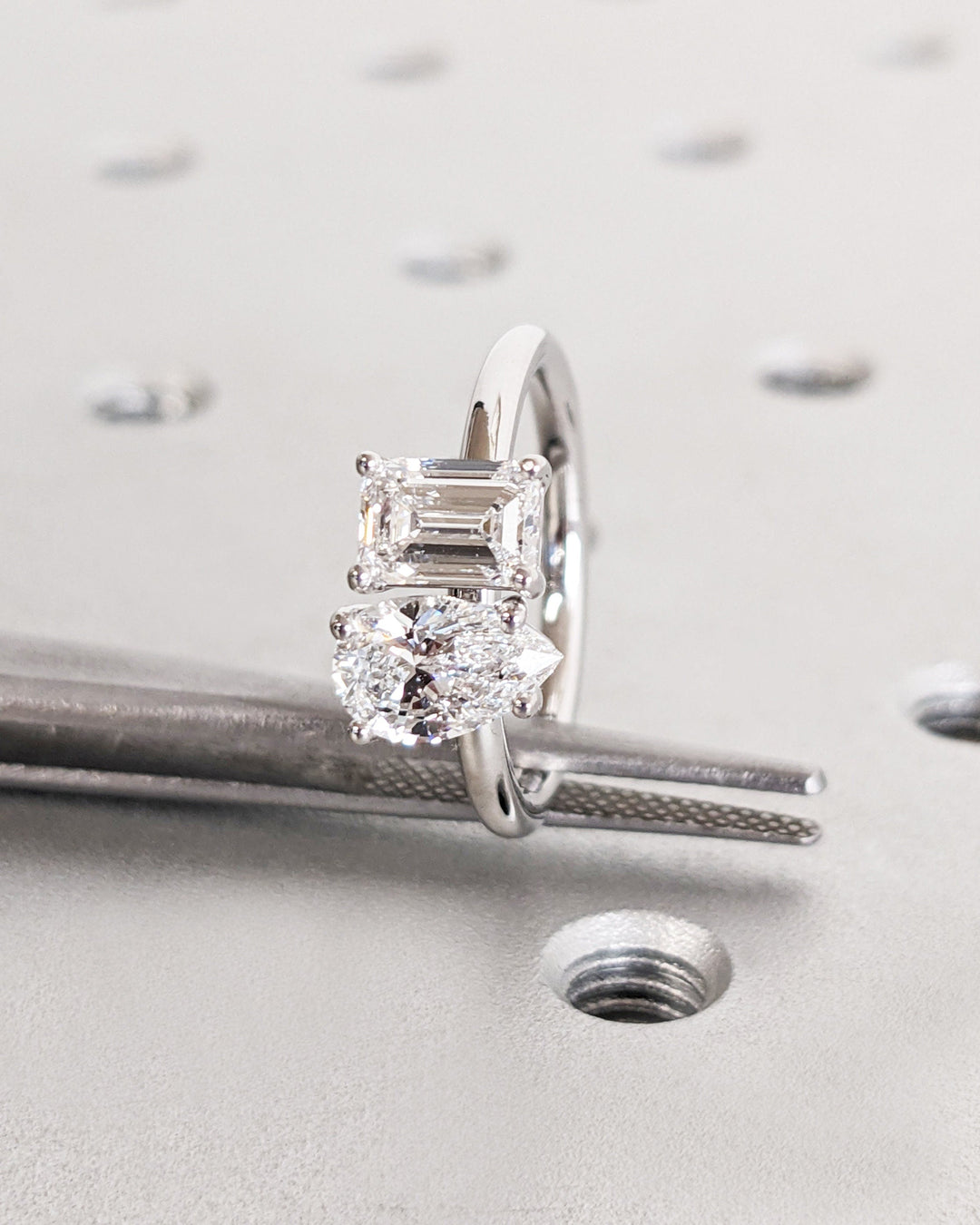 1.0CT Double Stone Engagement Ring Pear Cut and Emerald Cut Lab Grown Diamond Two Stone Wedding Ring