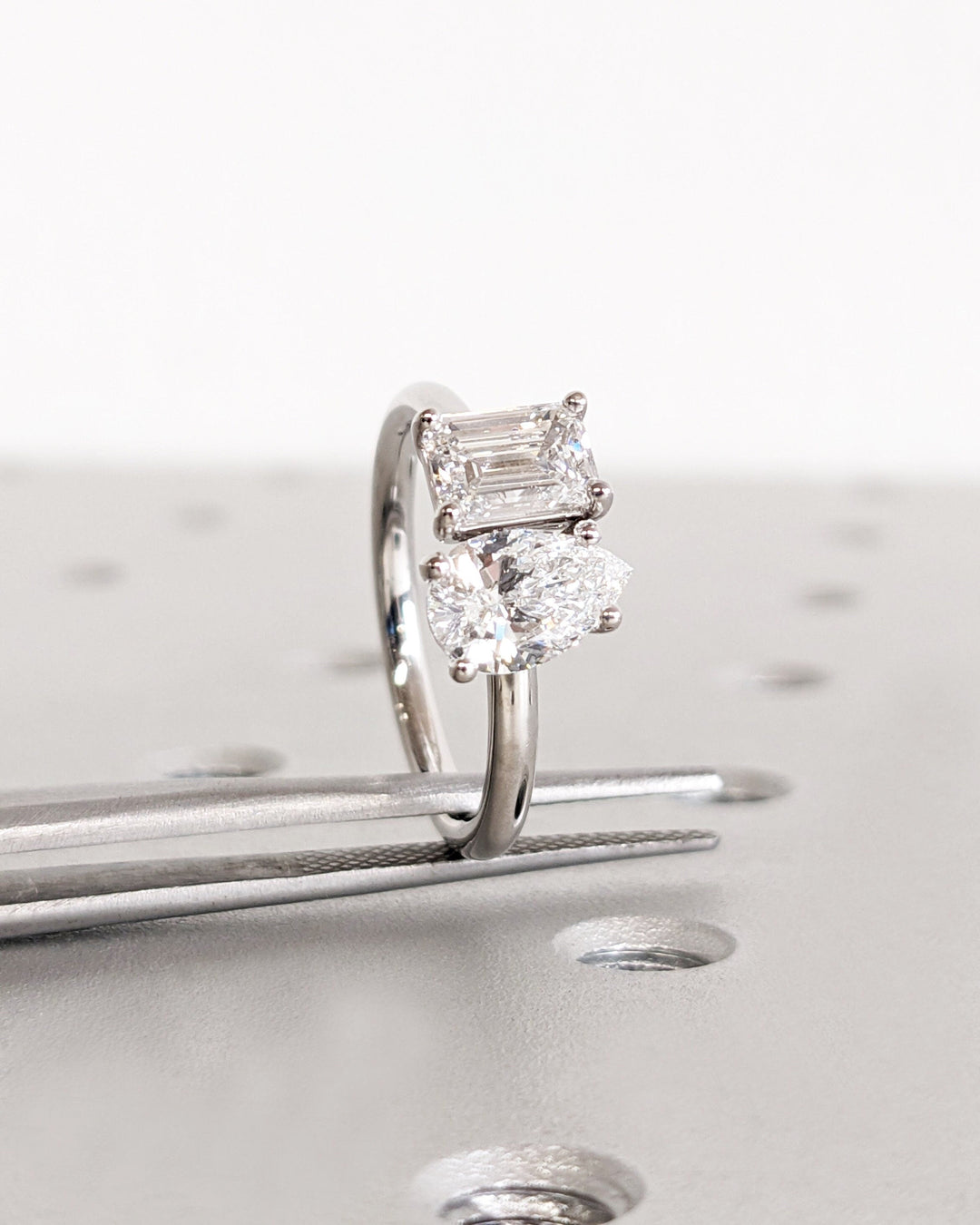 1.0CT Double Stone Engagement Ring Pear Cut and Emerald Cut Lab Grown Diamond Two Stone Wedding Ring