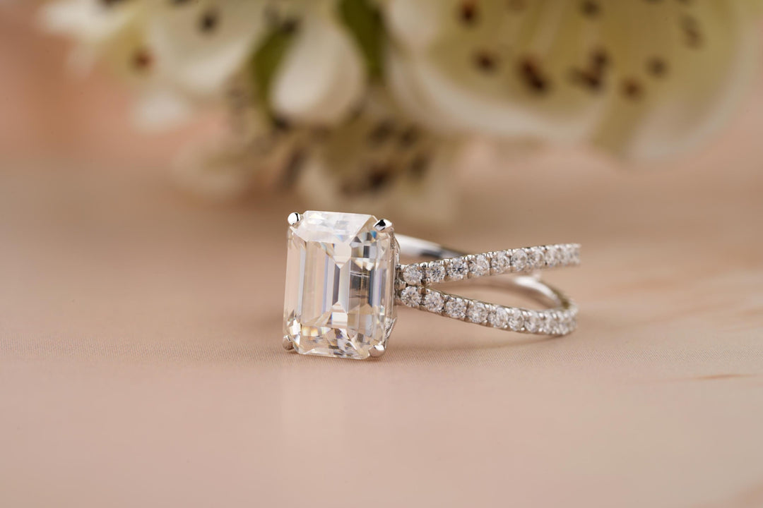 1.50CT Emerald Cut Colorless Lab Grown Diamond Pave Engagement Ring For Women