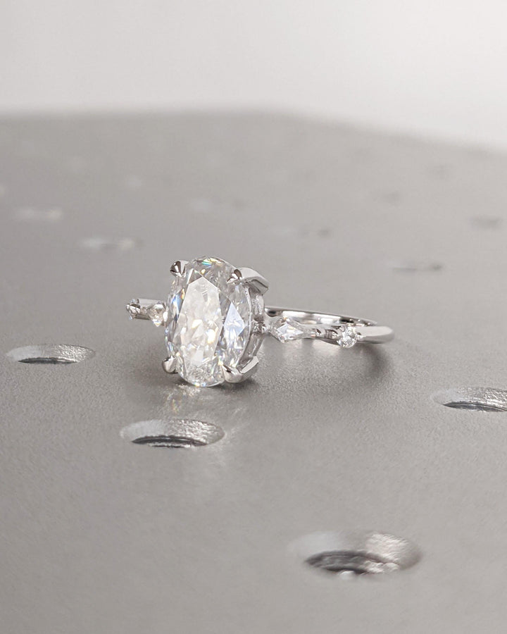 14K White Gold with 2.0CT Oval Cut Cluster Lab Grown Diamond Engagement Ring