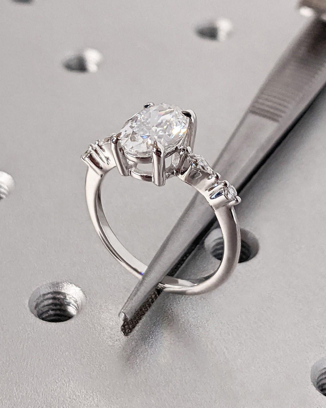 14K White Gold with 2.0CT Oval Cut Cluster Lab Grown Diamond Engagement Ring