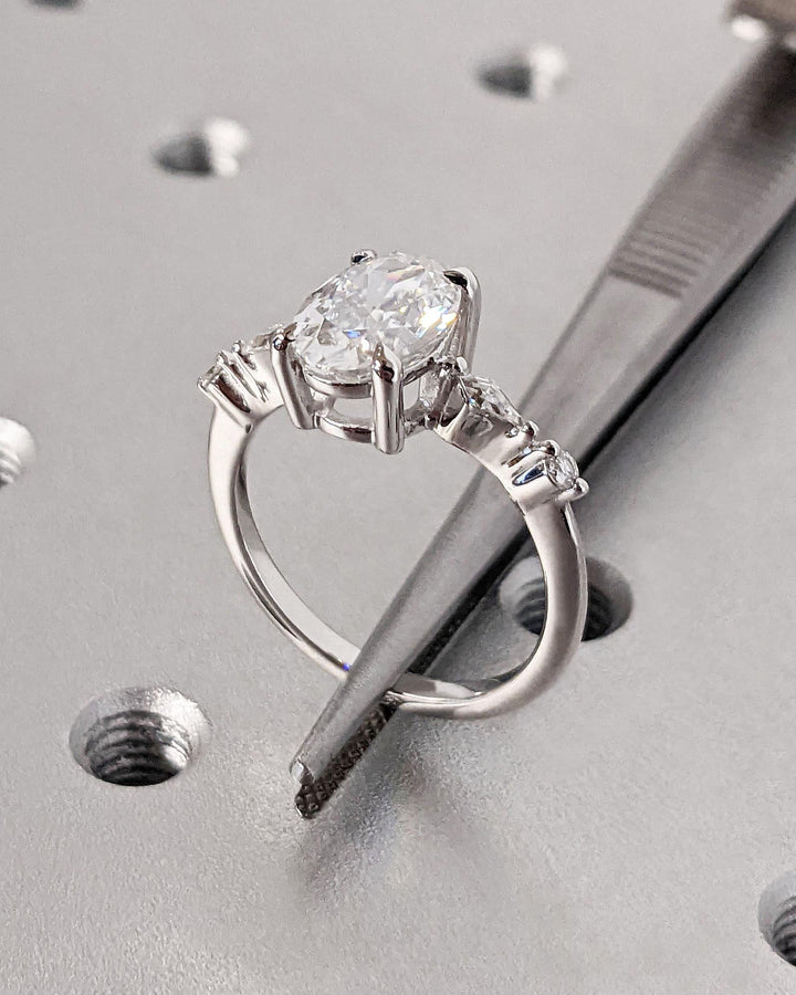 14K White Gold with 2.0CT Oval Cut Cluster Lab Grown Diamond Engagement Ring