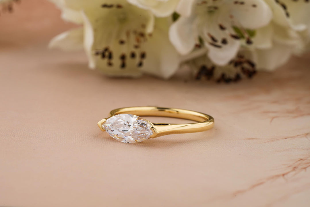 2.0CT East West Marquise Cut Half Bezel Lab Grown Diamond Engagement Ring For Her