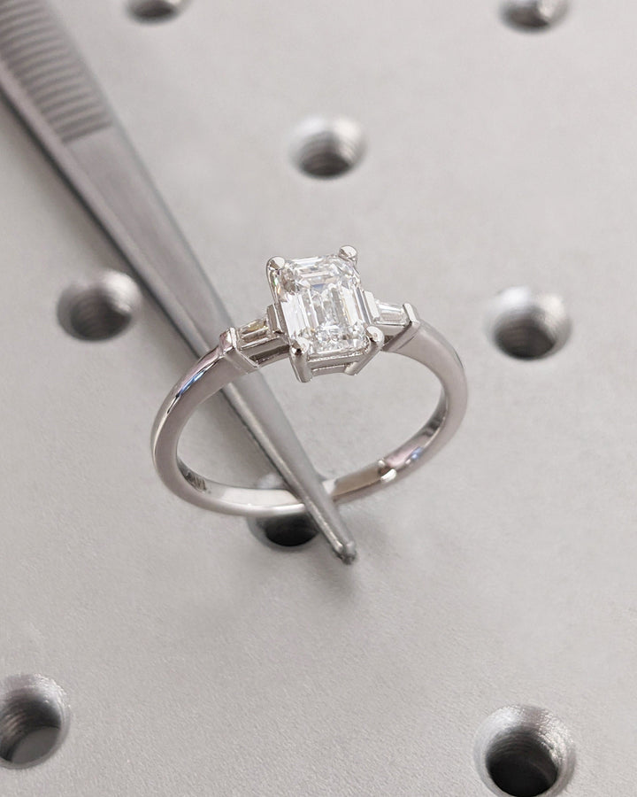 1.50CT Emerald Cut Three Stone Lab Grown Diamond Engagement Ring Minimalist Ring