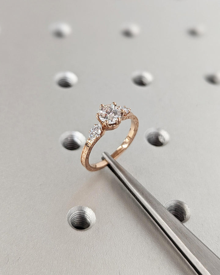 1.0CT Round Brilliant Cut Three Stone Lab Grown Diamond Engagement Ring Ornate Scrollwork Band