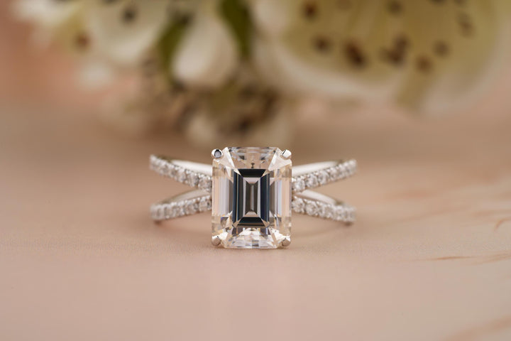 1.50CT Emerald Cut Colorless Lab Grown Diamond Pave Engagement Ring For Women