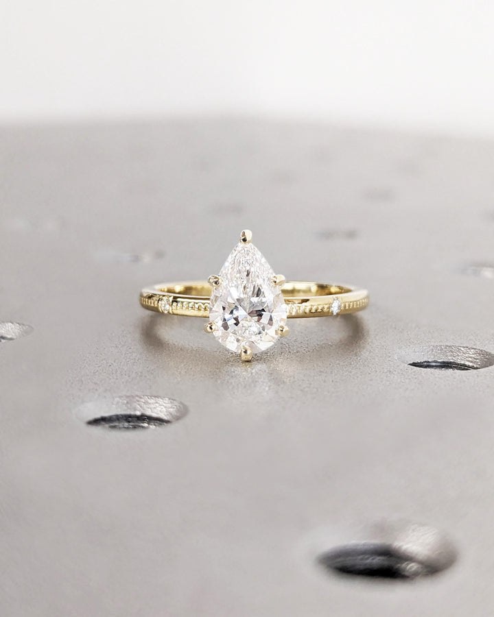 1.0CT Pear Cut Lab Grown Diamond Engagement Ring, Beaded Band Dainty Solitaire Engagement Ring